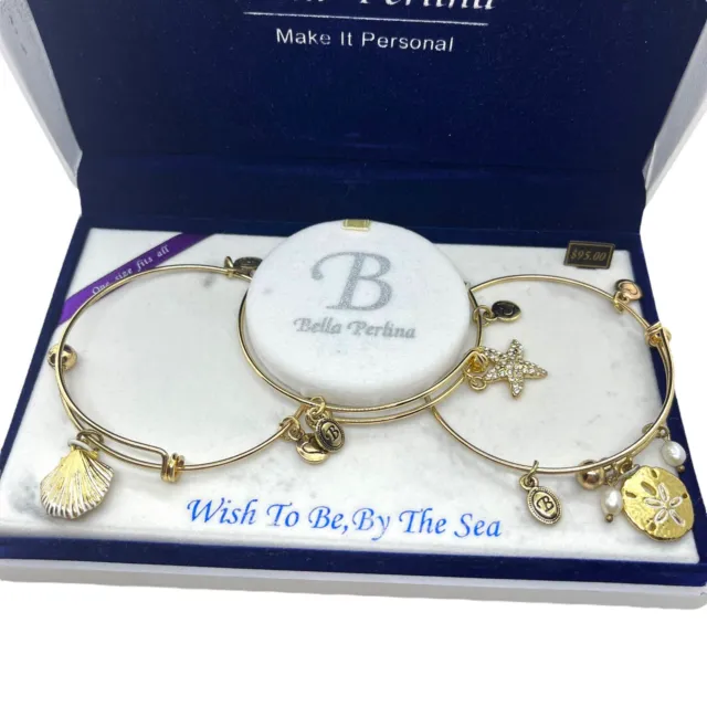 Bella Perlina Bracelets Ocean Shell Theme Set of Three Gold Tone in Box Women