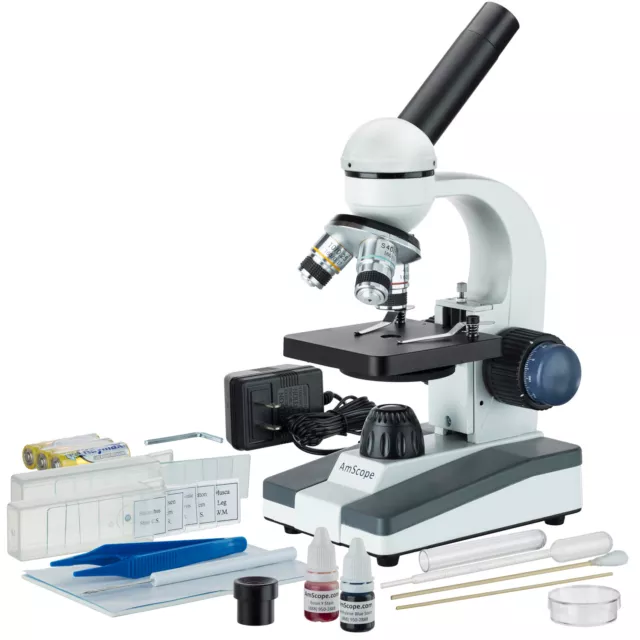 AmScope 40X-1000X  Portable Student Compound LED Microscope with Slide Prep Kit