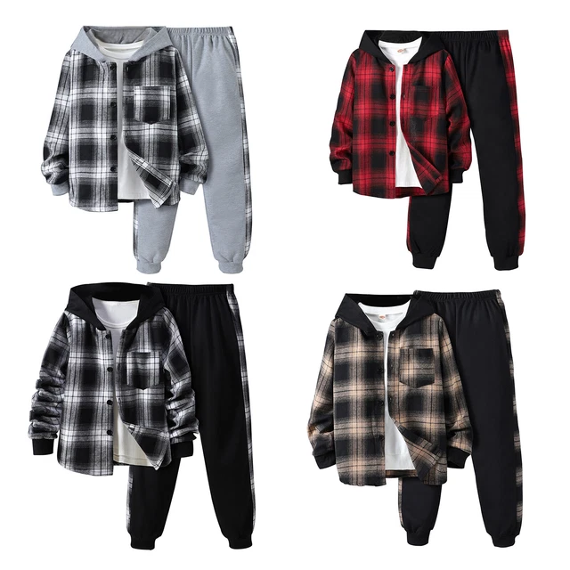 Baby Boys Fall Clothes Plaid Print Long Sleeve Hoodie Sweatshirt Top Pants 2Pcs