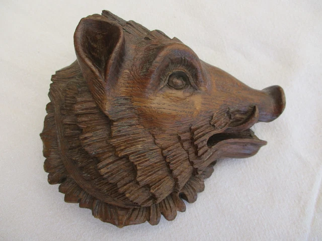 Antique French Hand Carved Wood Old Boar Head Home Decor Hunting Sculpture (2)