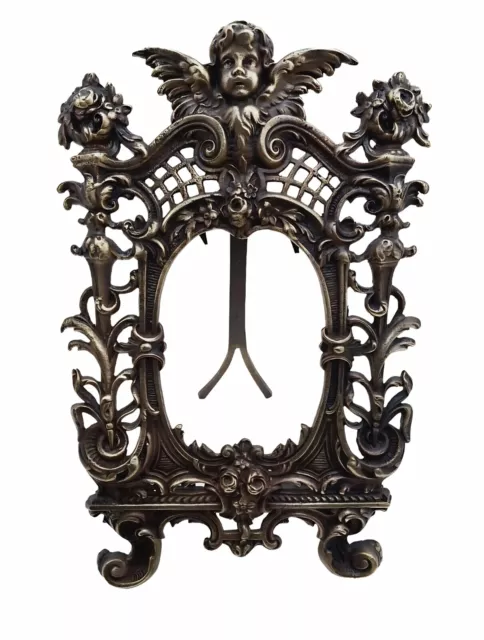 Antique Guardian Angel Frame Stand In Floral Design In Solid Bronze Art Nouveau