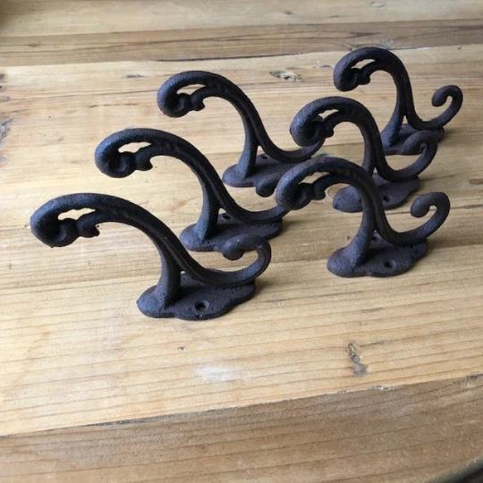 6 Cast Iron Rustic Victorian Style Coat Hooks Hook Rack Hall Tree Vintage Look 2