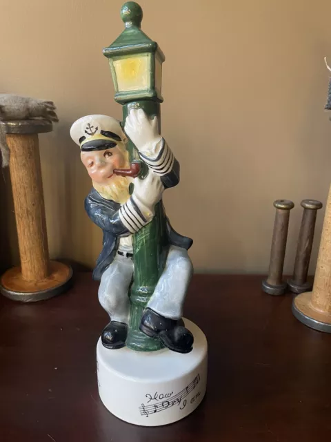 Vintage Music Box Decanter 1950’s Sailor  13.5” Ceramic Plays How Dry I Am Bar