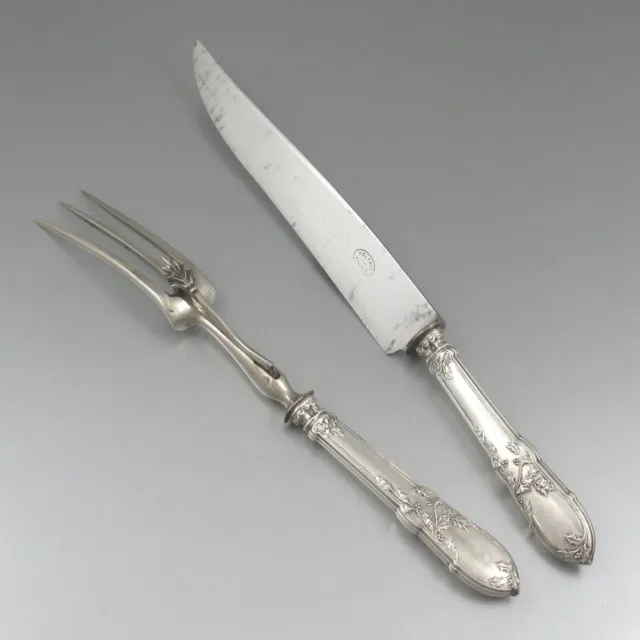 Antique French Art Nouveau Sterling Silver Clad Carving Set, Holly Pattern