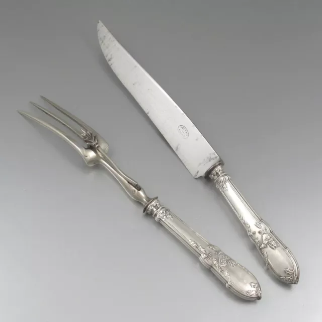 Antique French Art Nouveau Sterling Silver Clad Carving Set, Holly Pattern
