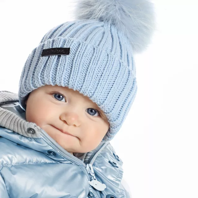 SALE! AKA&Co. New Baby Boy's Blue Knit Beanie Raccoon Fur Pom Pom Hat