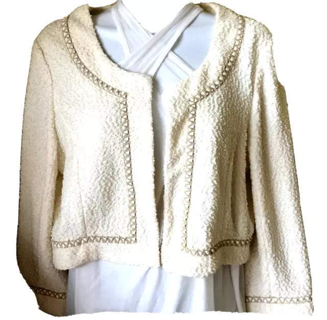 St. John Couture Tweed Jacket Embellished Blazer Size 10 Ivory Made In USA