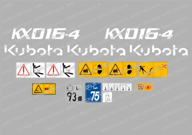 Kubota KX016-4 Mini Digger Complet Décalque Set avec Sécurité Warning Enseignes