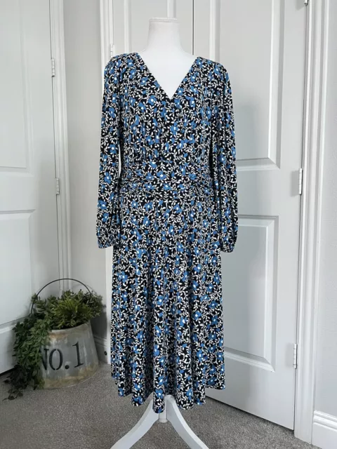 Eliza J Womens Black Blue Floral Print Fit &Flare Dress V-Neck Long Sleeve Sz 18