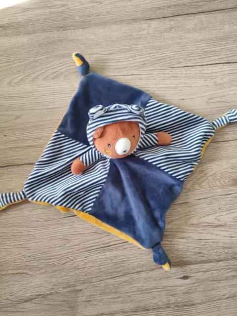 Doudou Plat Carré Gemo Ours Marron Bleu Jaune Rayé 23/23Cm Tbe