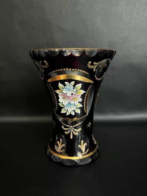 Edle, seltene Kristallglas ~Vase Überfangglas mit Schliff Blüten vergoldet 12cm