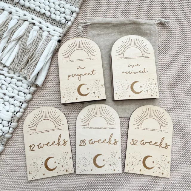 NEW Set 15 Wooden Pregnancy Arch Milestone Cards Plaques Boho Baby Announcement