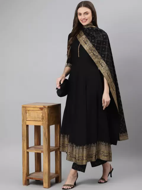 Halloween Gift Women Kurta Palazzo Set With Dupatta Rayon Printed Black Dress