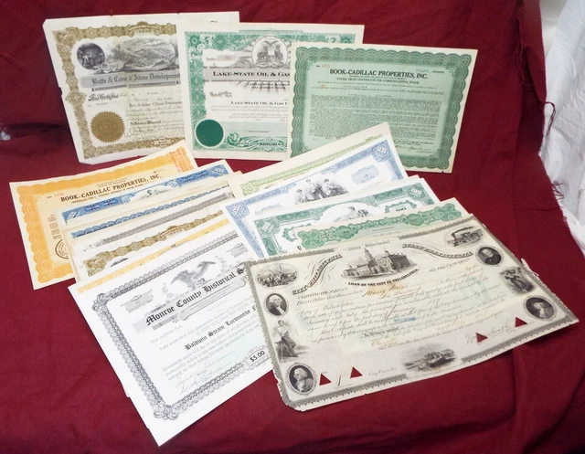 Lot of 29 Antique ASSORTED STOCK CERTIFICATES 1857-1972 Gas & Oil Smelting Bohn