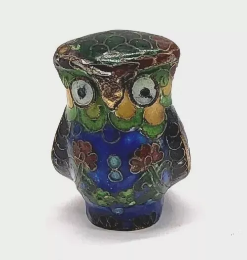 Vintage Miniature Cloisonne Owl Figurine Brass Metal Animal Bird Chinese 2in