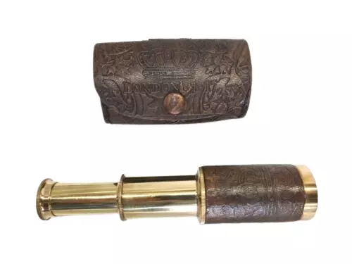 Brass Nautical Telescope with Leather Sheathed Marine Time Vintage Antique 6''