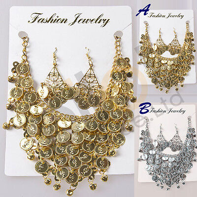 NEW Tribal Necklace+Earring Jewelry Choker Dance Costume golden/silver coins