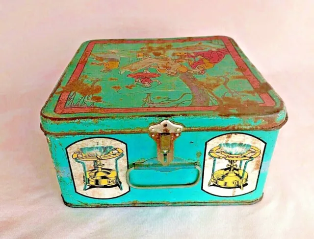 Old Vintage Beautiful Scenery Folding Stove Adv EHS Litho Tin Box / Tin Can