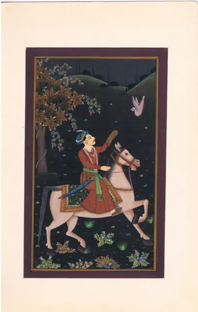 Indian Miniature Painting Of Mughal Emperor On Horseback Mogul Painting