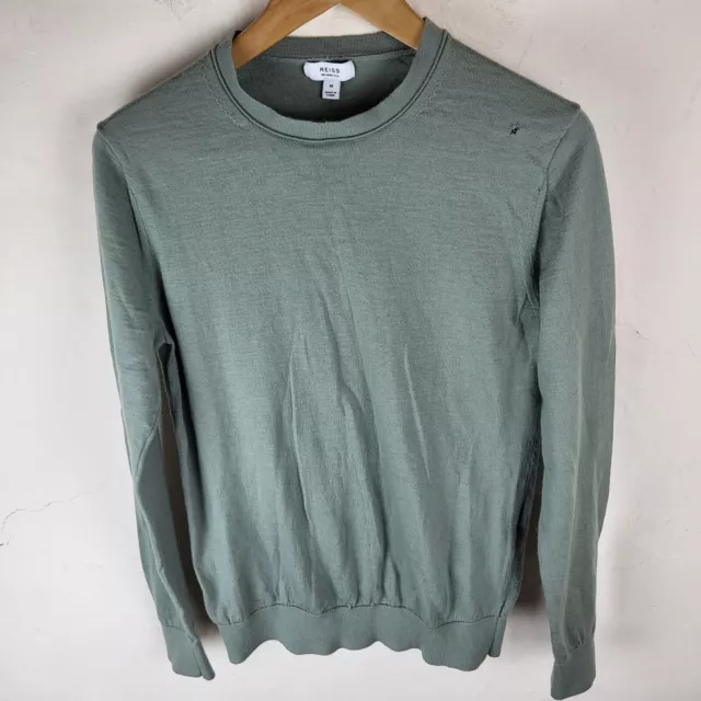 Reiss Mens Medium Thin Knit Merino Wool Crew Neck Sweater Green Long Sleeve...