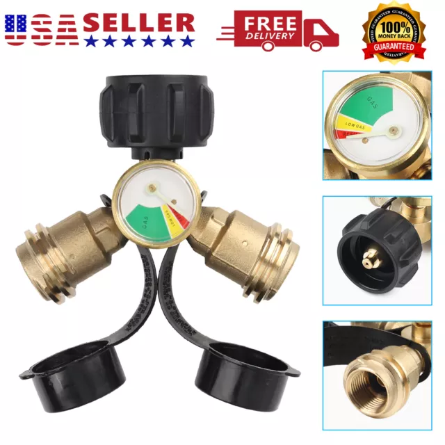 Propane Tank Y Splitter Adapter 2 Way LP Gas Tee Connector with Gauge