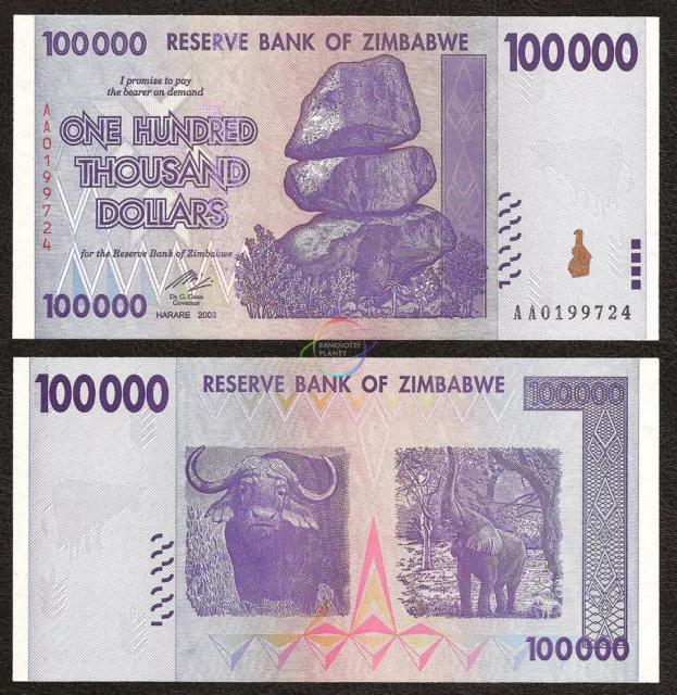 Zimbabwe 100 Thousand 100000 Dollars 2008 Banknote UNC AA/AB+ P-75