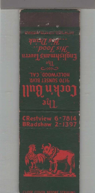 Matchbook Cover - 1930s Crown Match Co Cock 'n Bull Restaurant Hollywood, CA