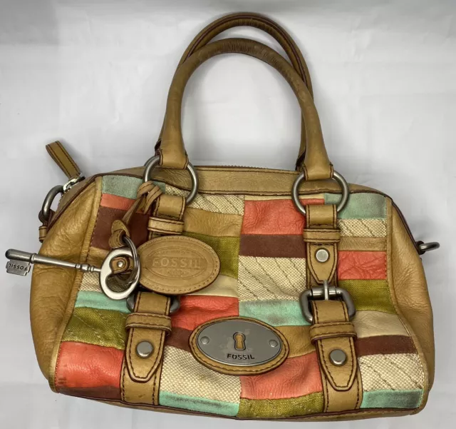 FOSSIL HANDBAG SATCHEL Maddox Patchwork Tan Leather Large