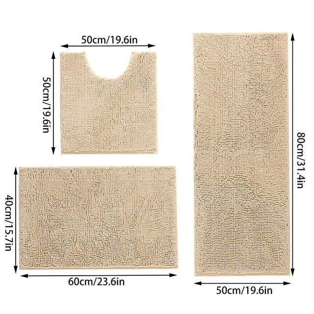3pc Chenille Shaggy Bathroom Carpet Plush Bathroom Floor Mats Entrance Foot Mat&