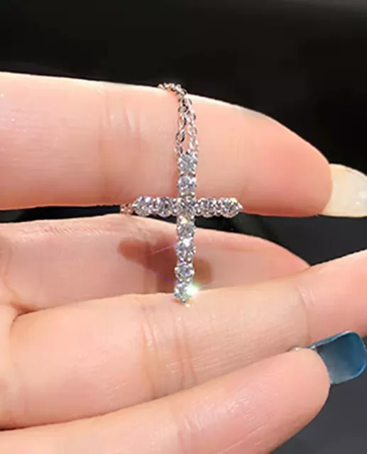 Sparkly 925 Sterling Silver Full Cubic Zirconia CZ Cross Pendant Necklace Gift
