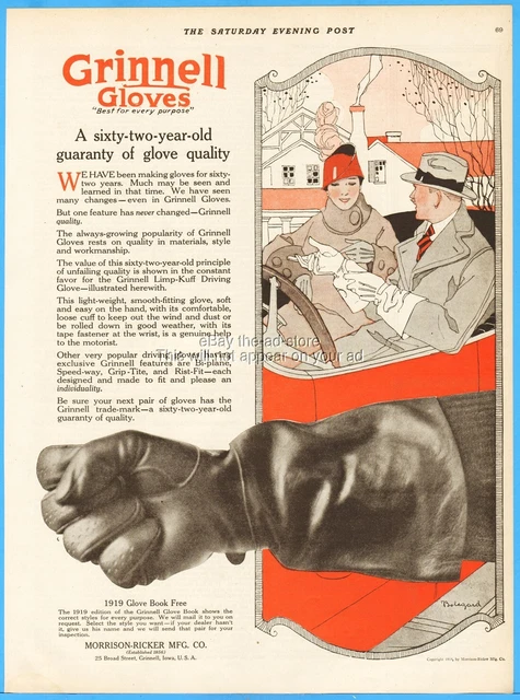 1919 Morrison Ricker Manufacturing Iowa Grinnell Men's Driving Gloves Vintage Ad