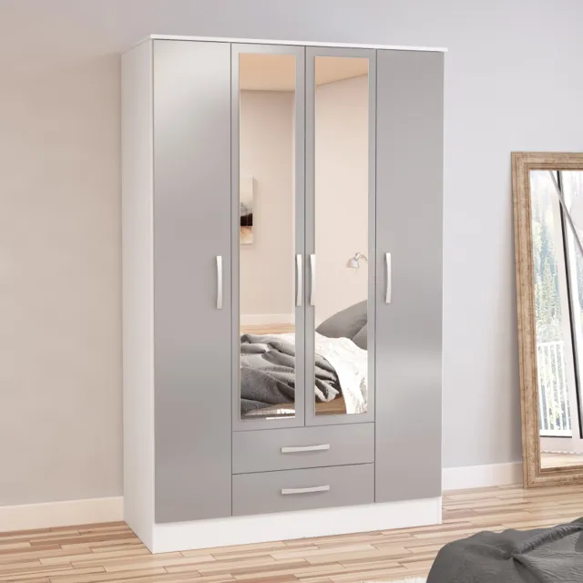 Wardrobe, Lynx Wooden High Gloss 4 Door 2 Drawer Storage with 5 Colour Options