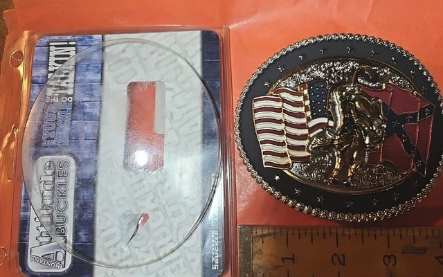 Flags & Bull rider Belt Buckle, ", Attitude,61558P Montana Silversmiths