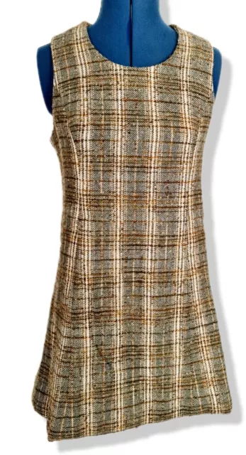 Vintage Mod Dress Tweed Woven Wool Lined 1970s Mini Ultra brown retro 70s vtg