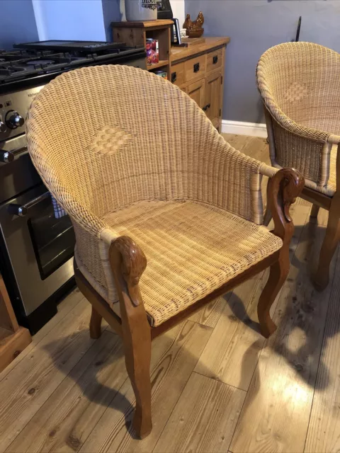 2 Basket Weave Chairs With Unusual Decorative Swan Carvings To Arm Rests VGC