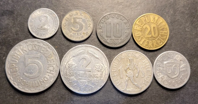 Austrian 2, 5, 10, 20, 50 Groschen 1, 2, 5 Schilling Coins Various Dates