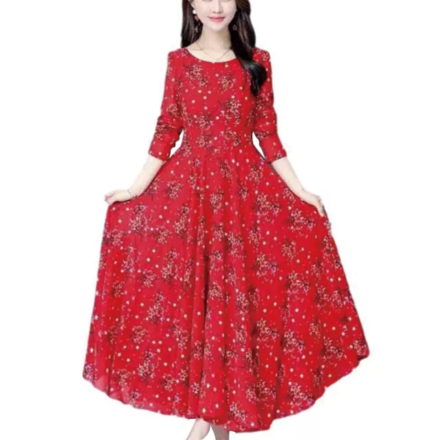 Women Casual Floral Print Long Sleeve Maxi Dress Evening Party Long Swing Dress