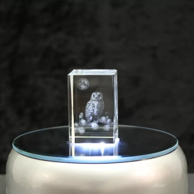 Kristallglas Figur - Eule & Mond - Glaswürfel 3D Laser Cube, Skulptur LED Licht