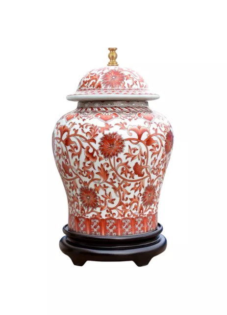 Beautiful Oriental Porcelain Orange And White Ginger Jar Lamp Lotus Pattern 29" 3