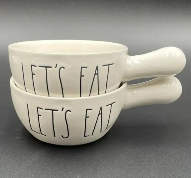 Rae Dunn "LET'S EAT" Chili Soup Bowls with Handles White Ceramic - Set of 2