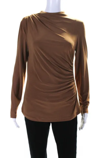 Frank Lyman Womens Ruched Long Sleeve High Neck Top Blouse Brown Size 8