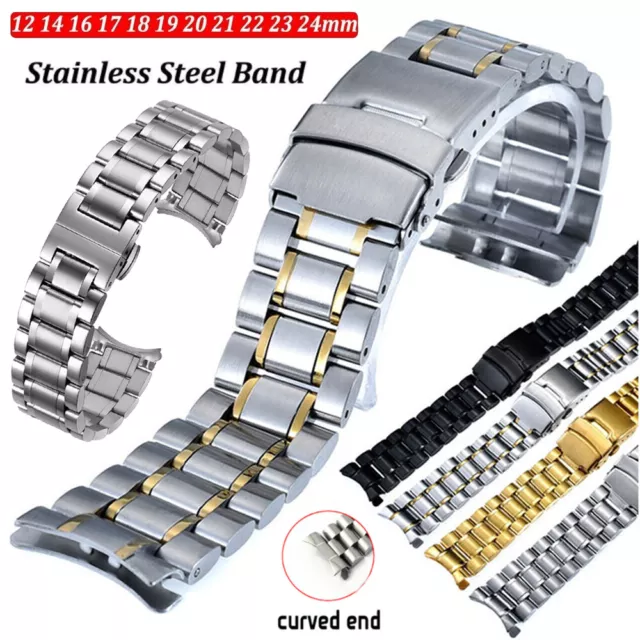 Curved End Stainless Steel Link Bracelet Watch Band Strap 12 14 16 18 20 22 24mm