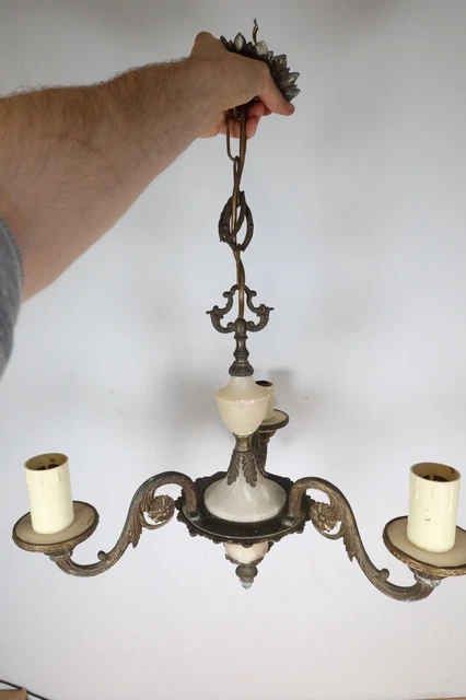 Vintage Large Brass Ornate 3 Arm Chandelier Floral Onyx Stone Lamp Rococo Style