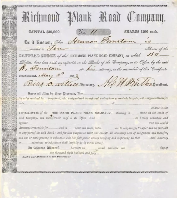 Richmond Plank Road Co. - Stock Certificate - Early Turnpike Stocks