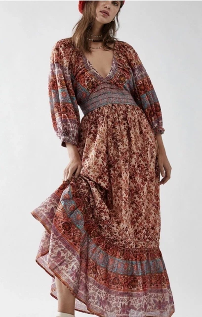 FREE PEOPLE 'GOLDEN Hour' Border Maxi Dress - MEDIUM - Multi Red Combo  RRP158 78.70 - PicClick UK