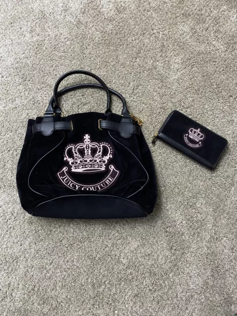 Juicy Couture Daydreamer Vintage Y2K Black Velour Crown Bag With Wallet Juicy Couture Daydreamer Vintage Y2K Black Velour Crown Bag With Wallet