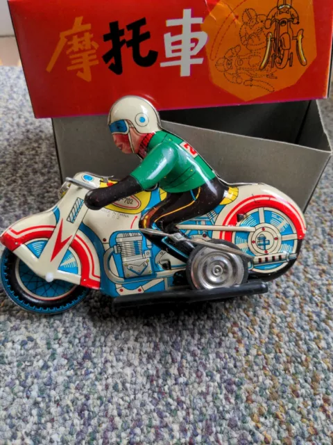 Vintage Motorcycle Clockwork Wind-Up Litho Tin Toy Red China with box