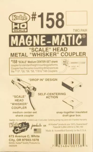 NEW Kadee HO Scale Magne-Matic Scale Head Metal Whisker Couplers 9/32" (4) #158