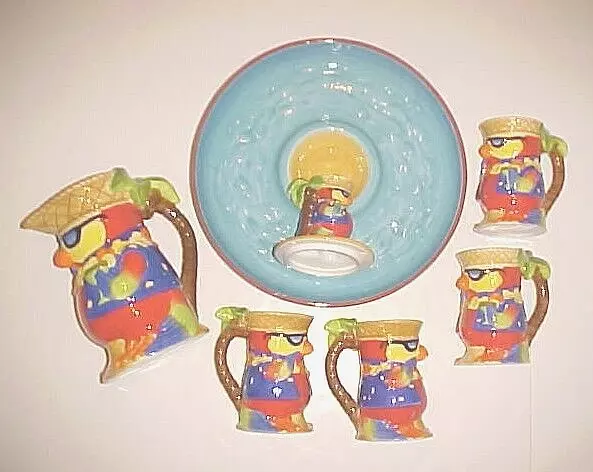 RSVP Ceramic Party Hawaiian Parrot Luau Tiki Pitcher Salsa Plate Mugs Set of 6