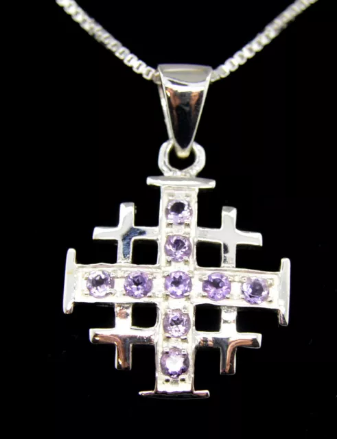 Sterling silver 925 Holy Land Jerusalem Cross pendant  Necklace w Amethyst CZ